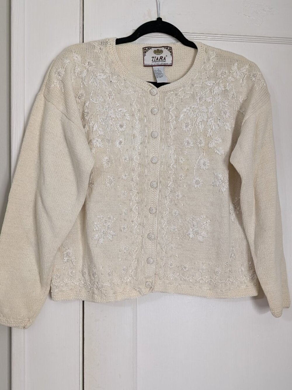 Tiara International Vintage Cream Cardigan Sweater Embroidered Women's L Cottage